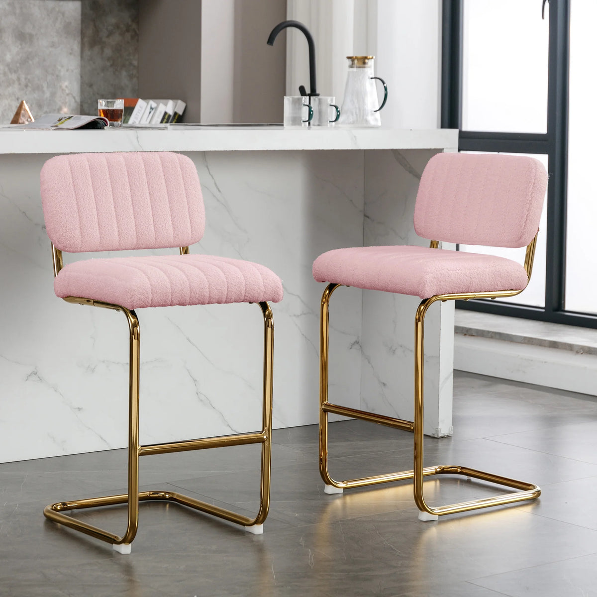 Pink Boucle Fabric Counter Height Bar Stools Set of 2 B26029
