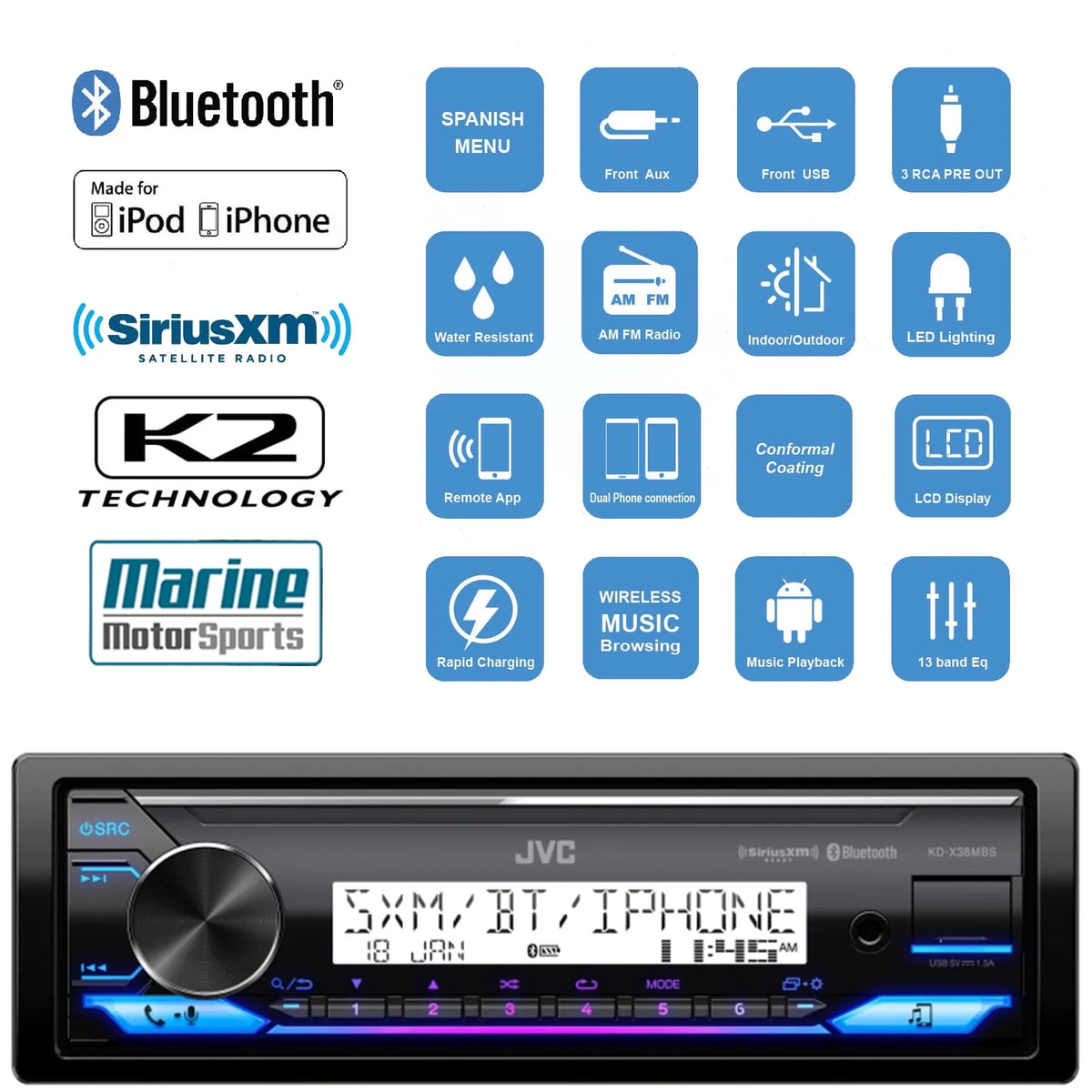 Single DIN Marine Bluetooth USB AUX LED AM/FM Radio Stereo Receiver with Dash Protector and Antenna V6981