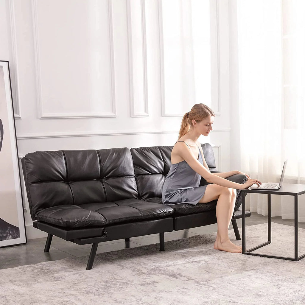Black Leather Memory Foam Convertible Futon Sofa Bed B143907