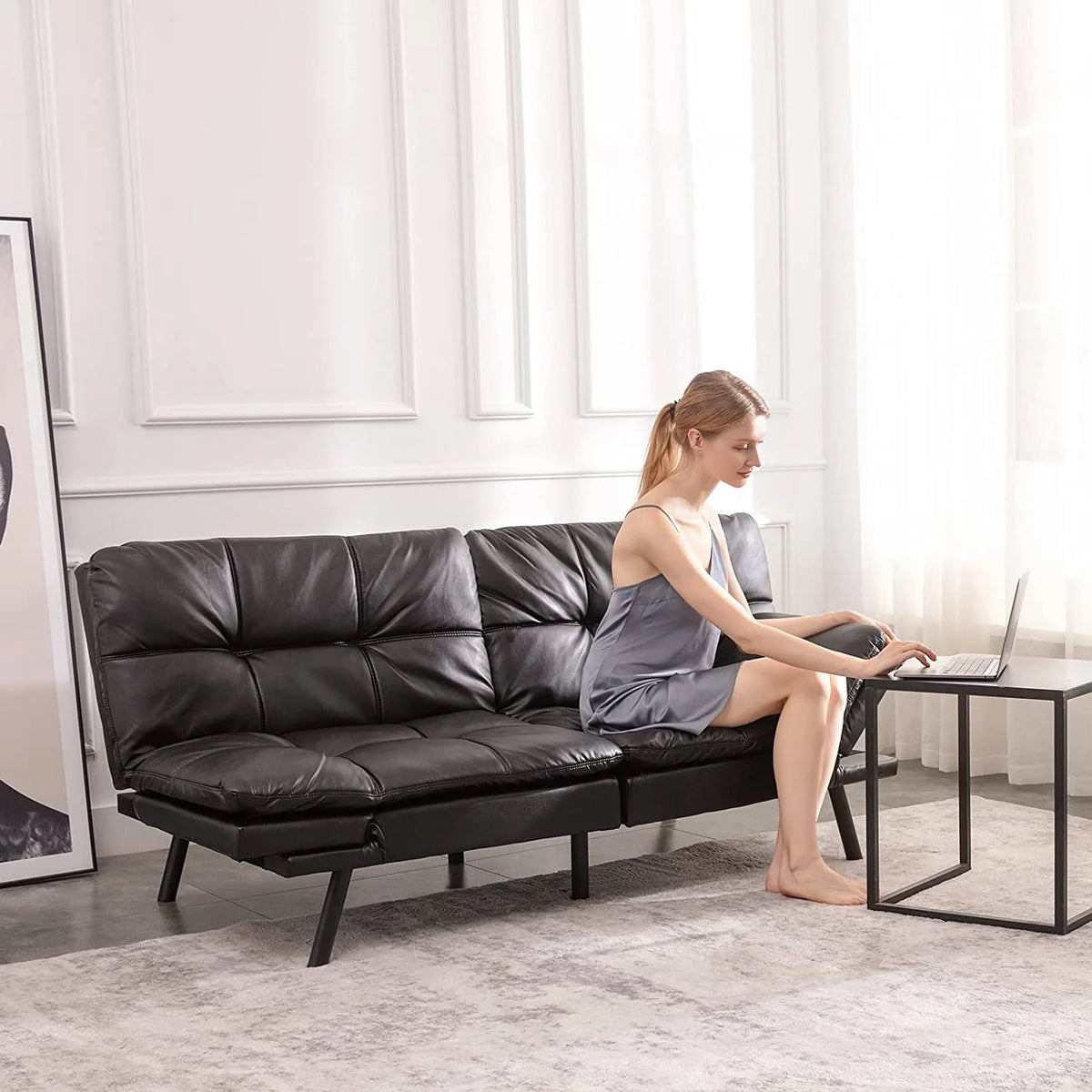 Black Leather Memory Foam Convertible Futon Sofa Bed B143907