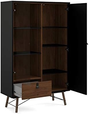 Black Matte/Walnut Drawer China Cabinet with Glass Door S603