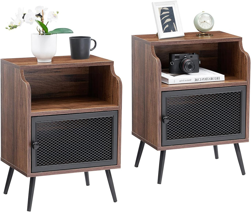Brown Metal Nightstand with Storage Cabinet and Drawer Shelf Y3347