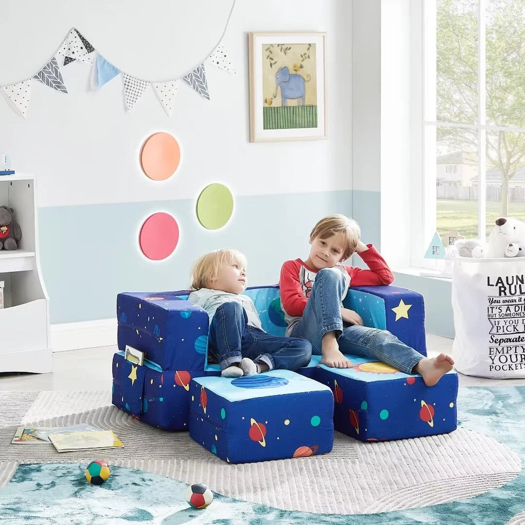 Blue 3-in-1 Kids Loveseat Sleeper Sofa with 2 Ottomans G311