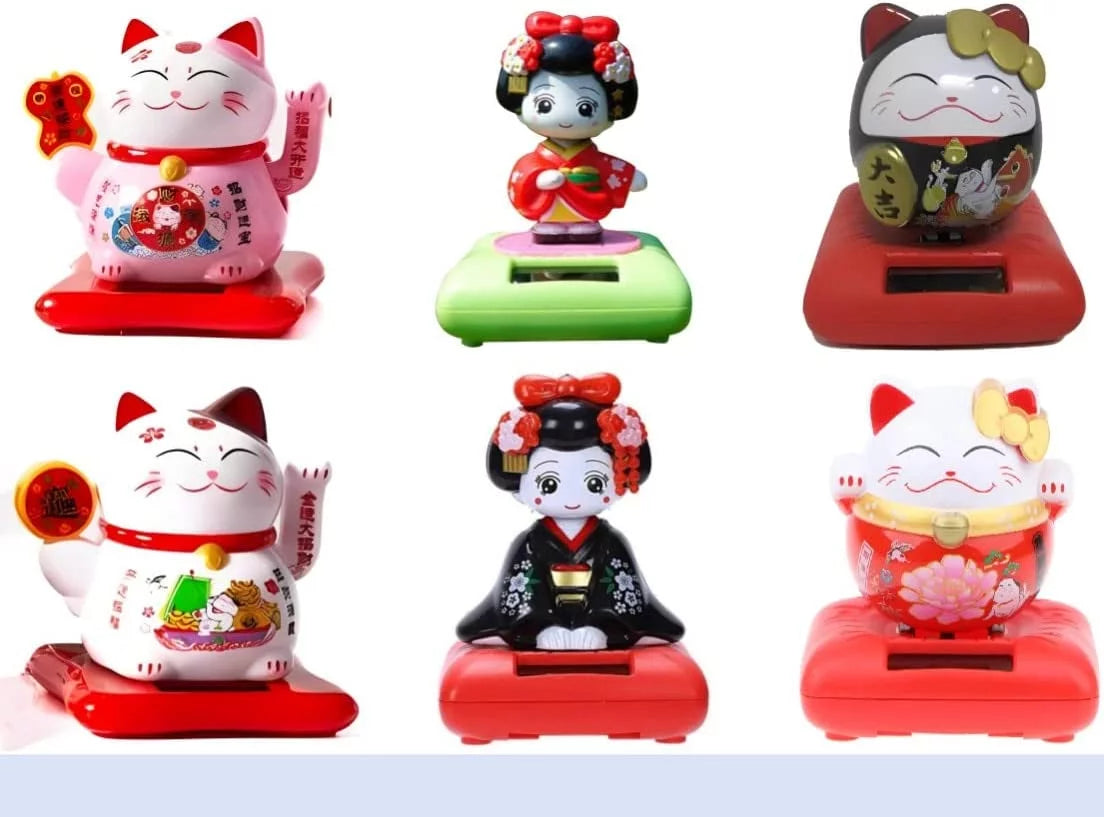 Solar Powered Dancing Toy Lucky Cat Waving Arm Maneki Neko 3 inch Set of 6 T978