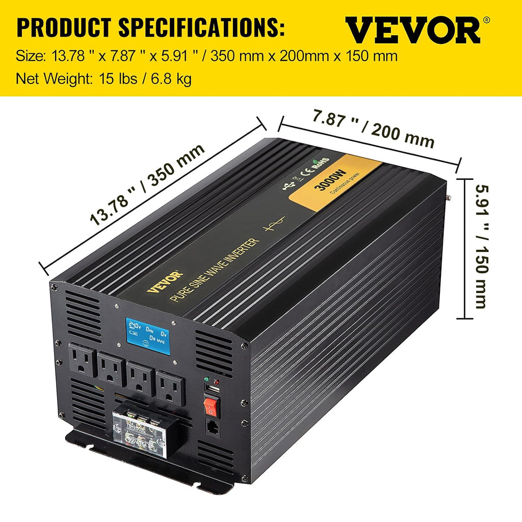 Pure Sine Wave Inverter 3000 Watt DC 24V to AC 120V with USB Port LCD Display Remote Controller and AC Outlets B9813