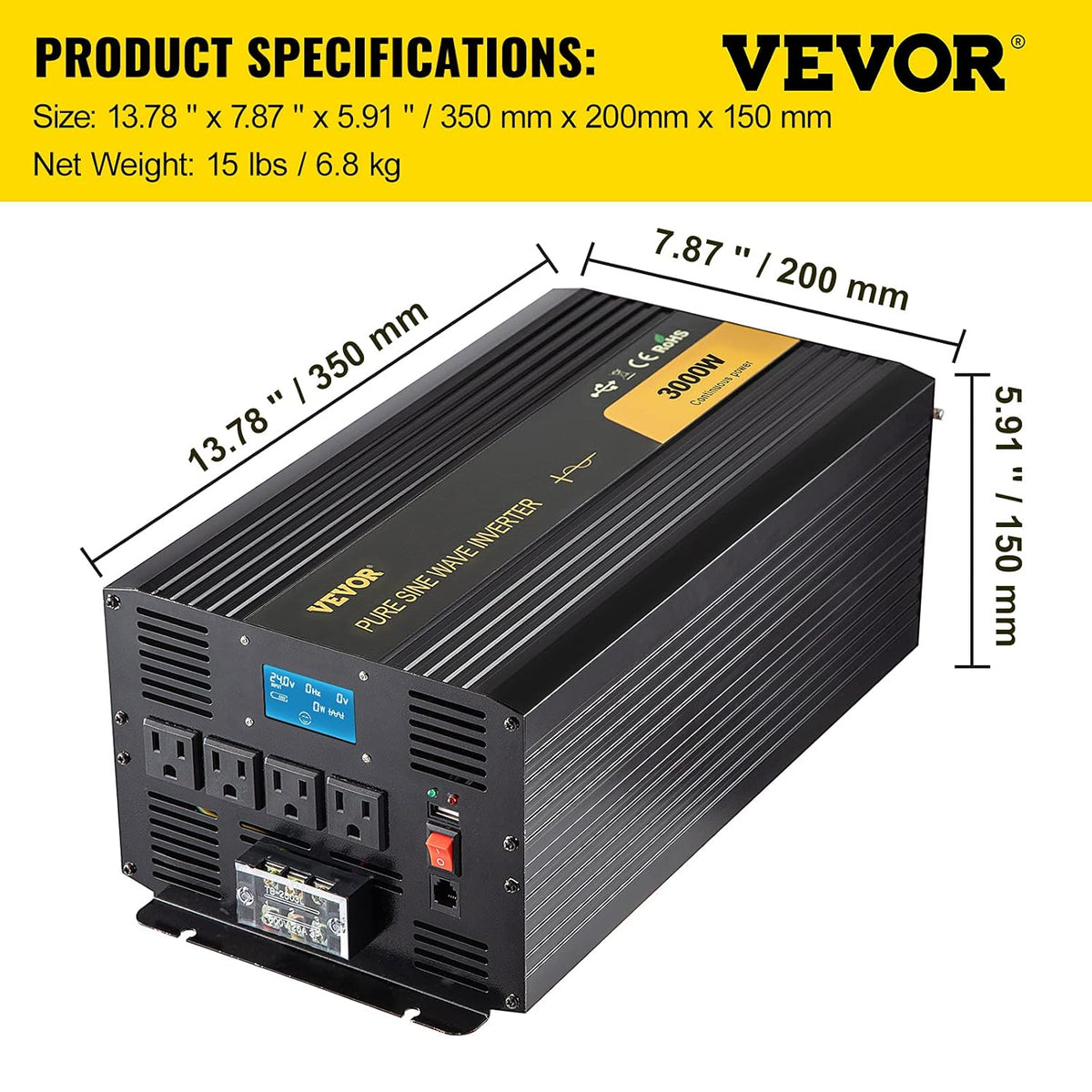 Pure Sine Wave Inverter 3000 Watt DC 24V to AC 120V with USB Port LCD Display Remote Controller and AC Outlets B9813