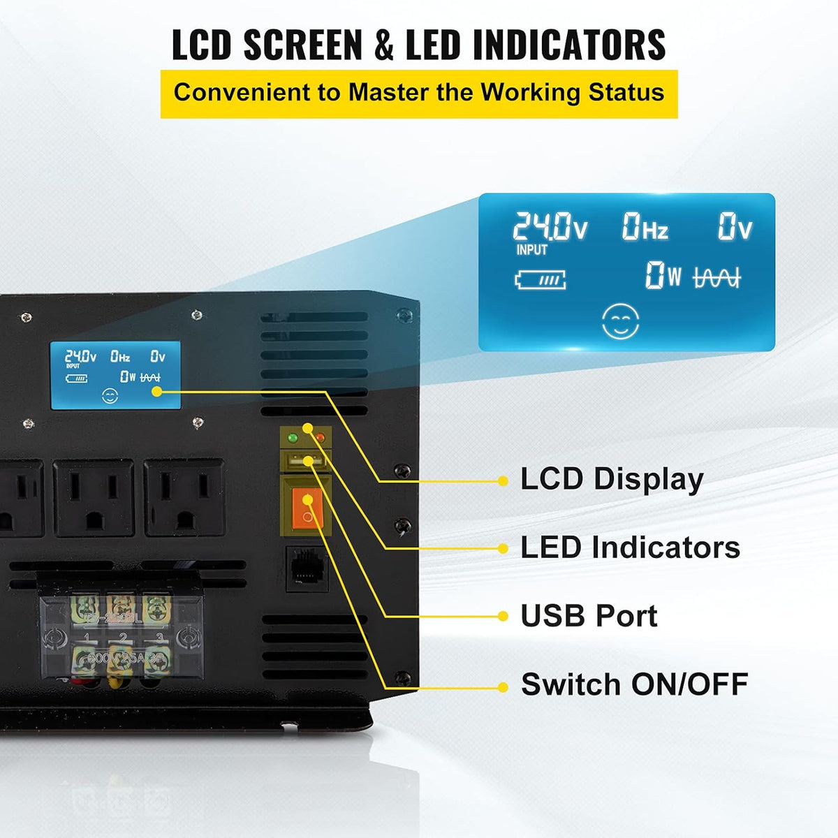 Pure Sine Wave Inverter 3000 Watt DC 24V to AC 120V with USB Port LCD Display Remote Controller and AC Outlets B9813