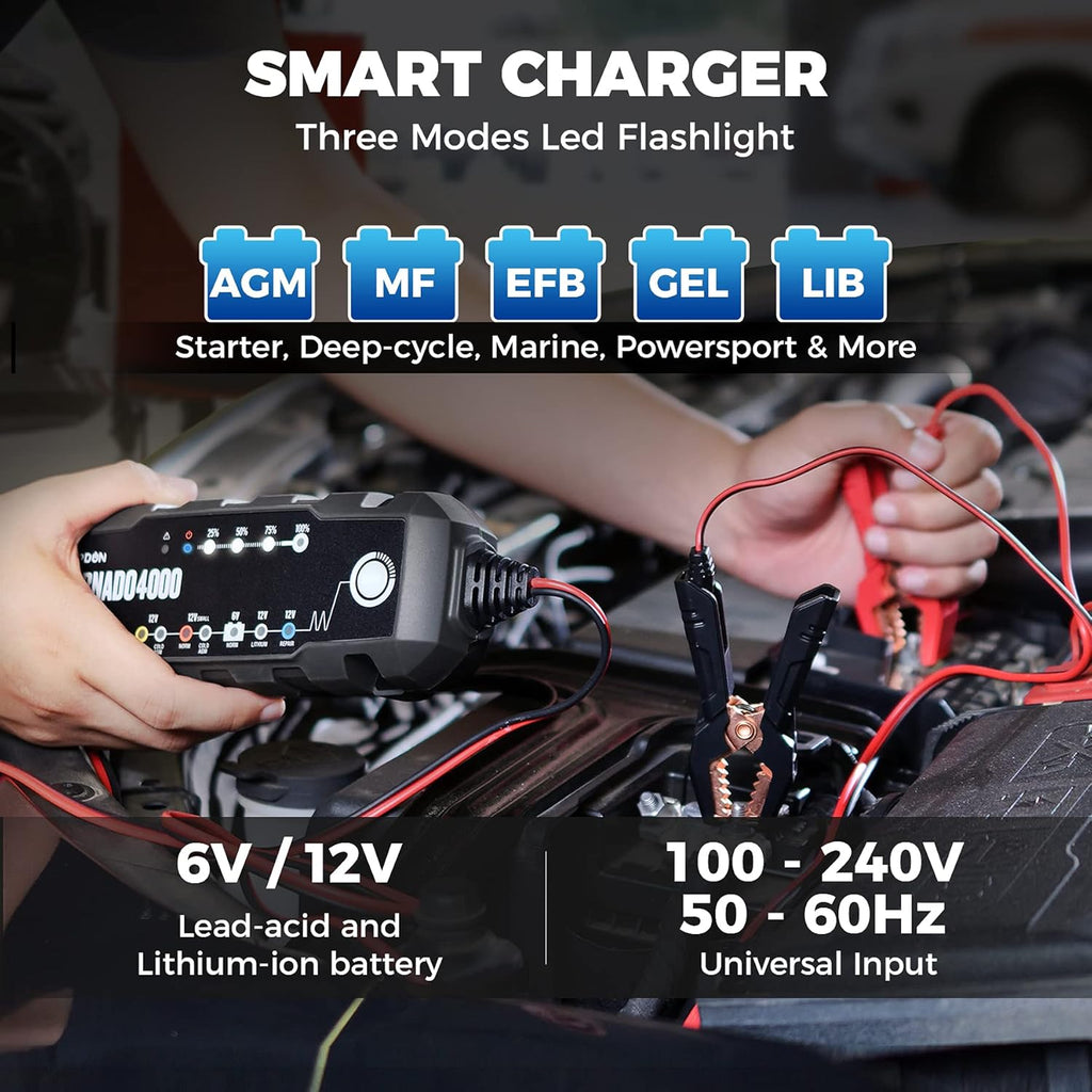 Car Battery Charger 4A/1A 6V/12V for Lead-Acid/Lithium ion Batteries J9503