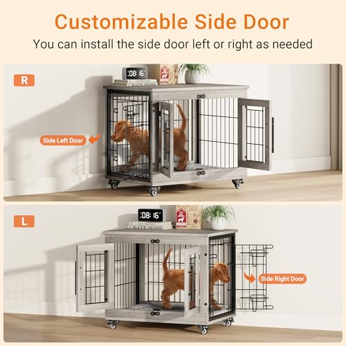Grey Wooden Dog Crate 32'' with Cushion & Wheels Double Doors Z65063
