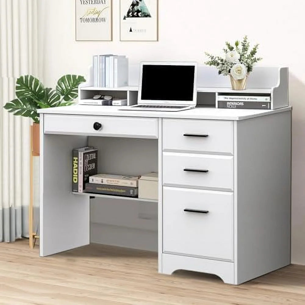 White 44" Wood Desk with 4 Drawers and Hutch O213