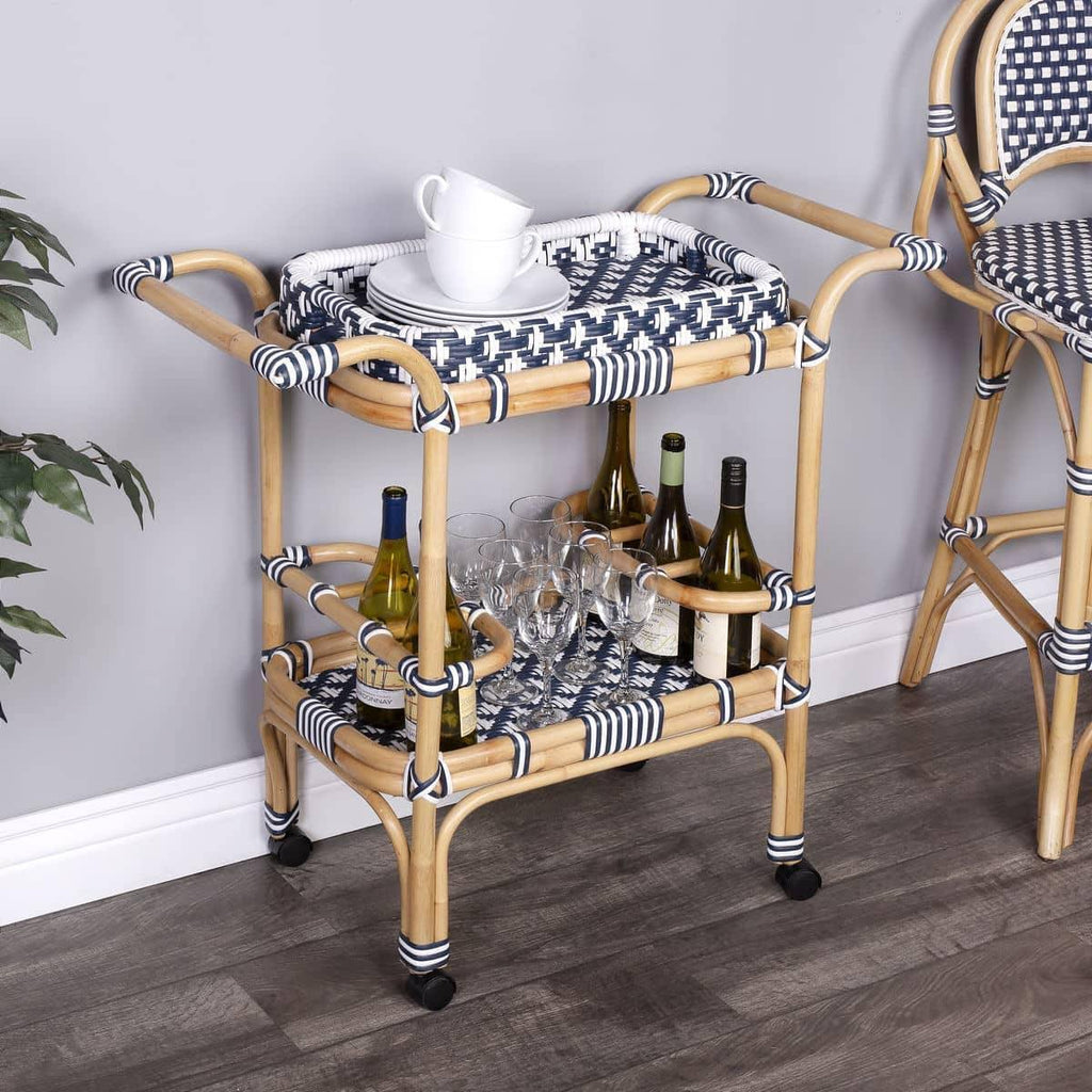 Blue & White Rattan Bar Cart I98201