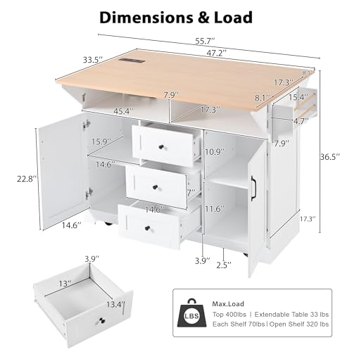 Black Kitchen Island with 2 Drop Leaf, 3 Drawers, Storage Cabinet I2003