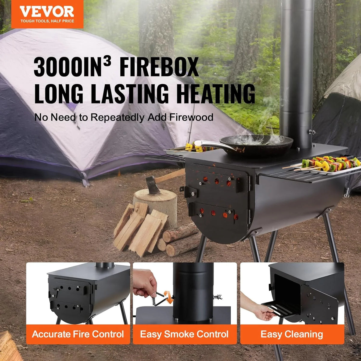 118 inch Alloy Steel Portable Wood Burning Stove with Chimney Pipes & Gloves M6675