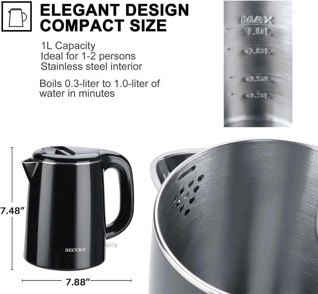 Stainless Steel Double Wall Electric Kettle 1.0L Black V49544