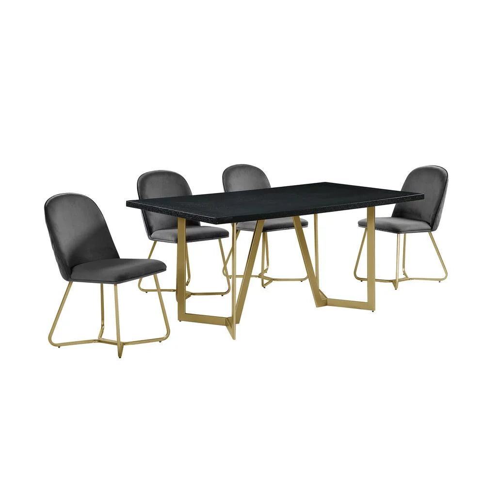 5pc Black Wood Dining Table with 4 Dark Grey Velvet Chairs C899202