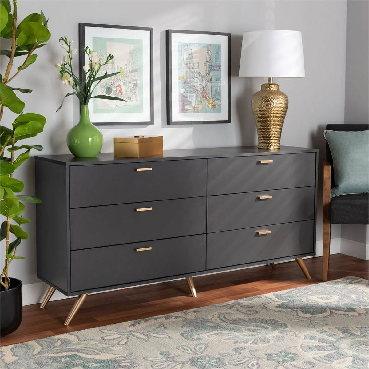 Dark Grey Gold Wood 6-Drawer Dresser S444
