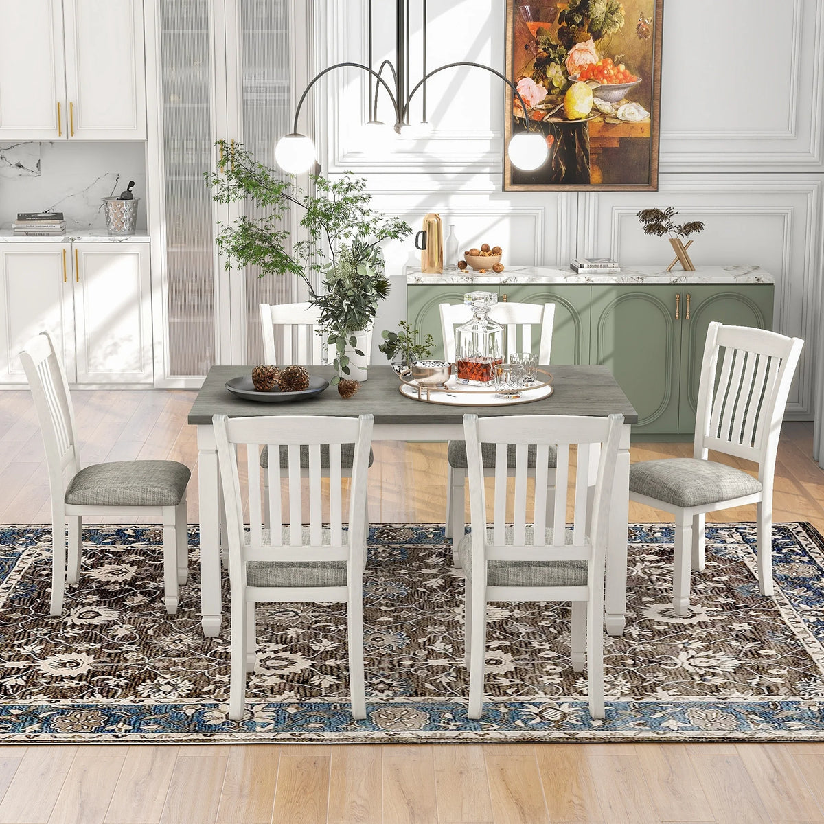 Solid Wood 7-Pieces Dining Table Set with 6 Upholstered Chairs U4099