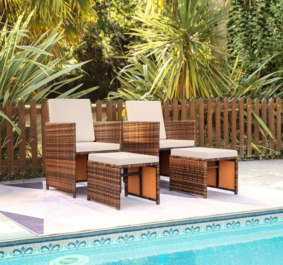 Beige 4 Piece PE Wicker Patio Furniture Set with Ottomans N474657