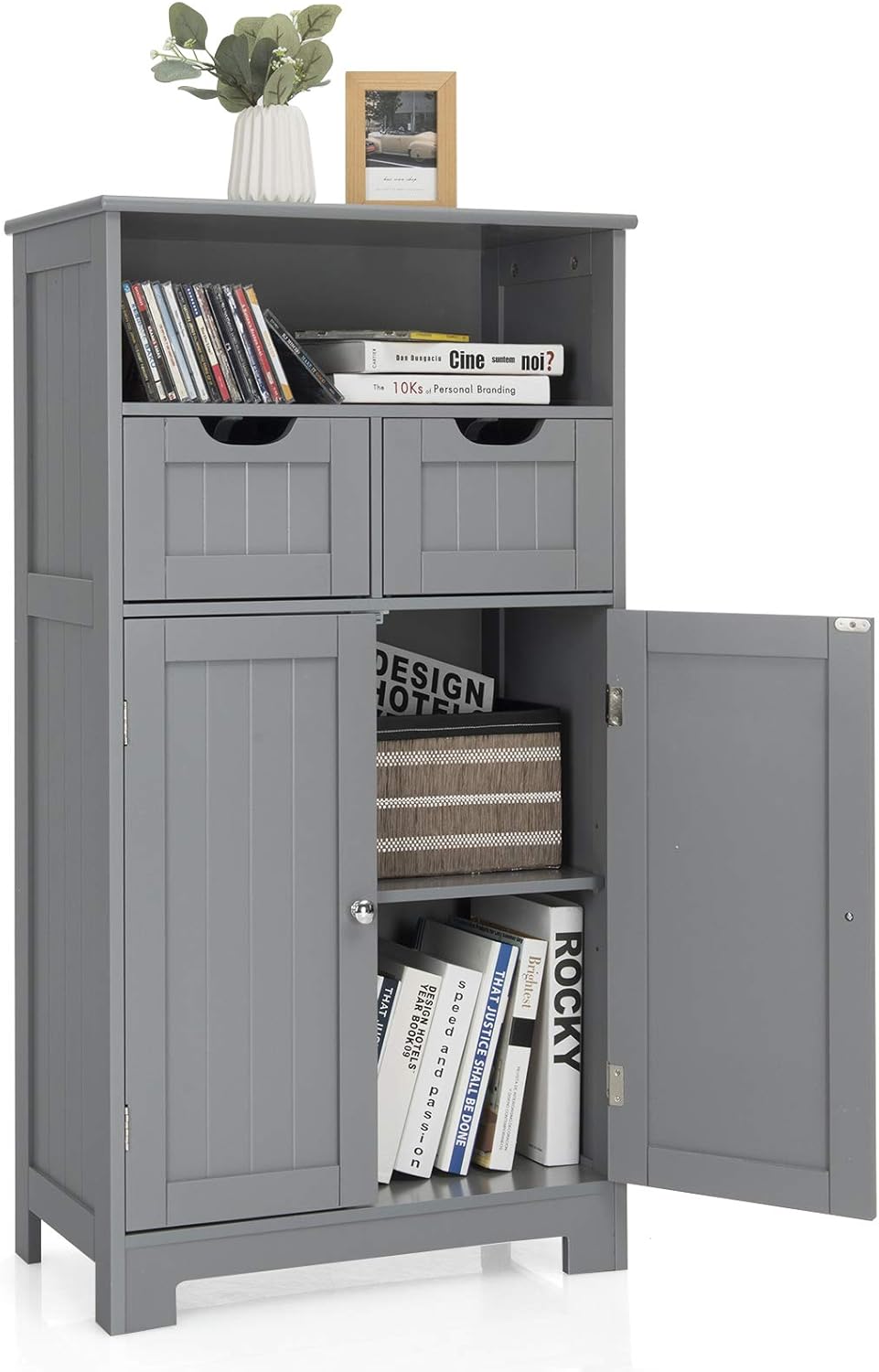 Black Bathroom Floor Cabinet with One Open Shelf Two Doors and Two Adjustable Drawers C362161