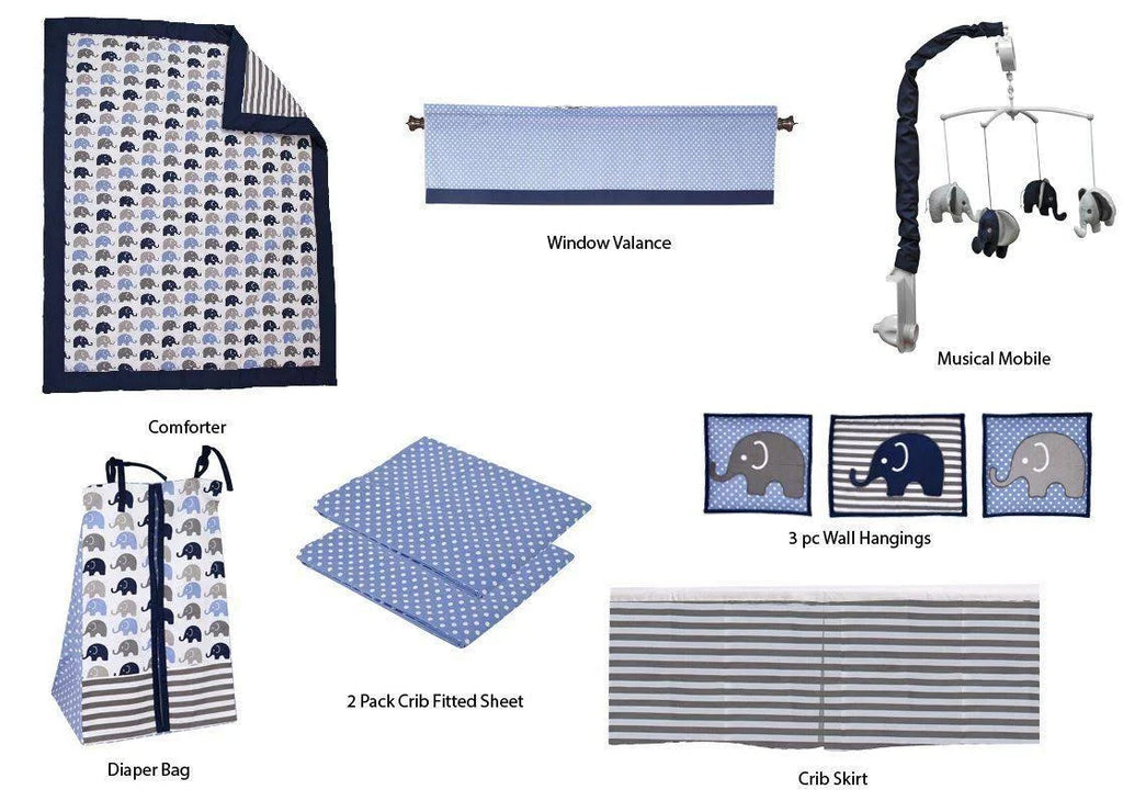 10 Piece Blue Gray Crib Bedding Set I8771