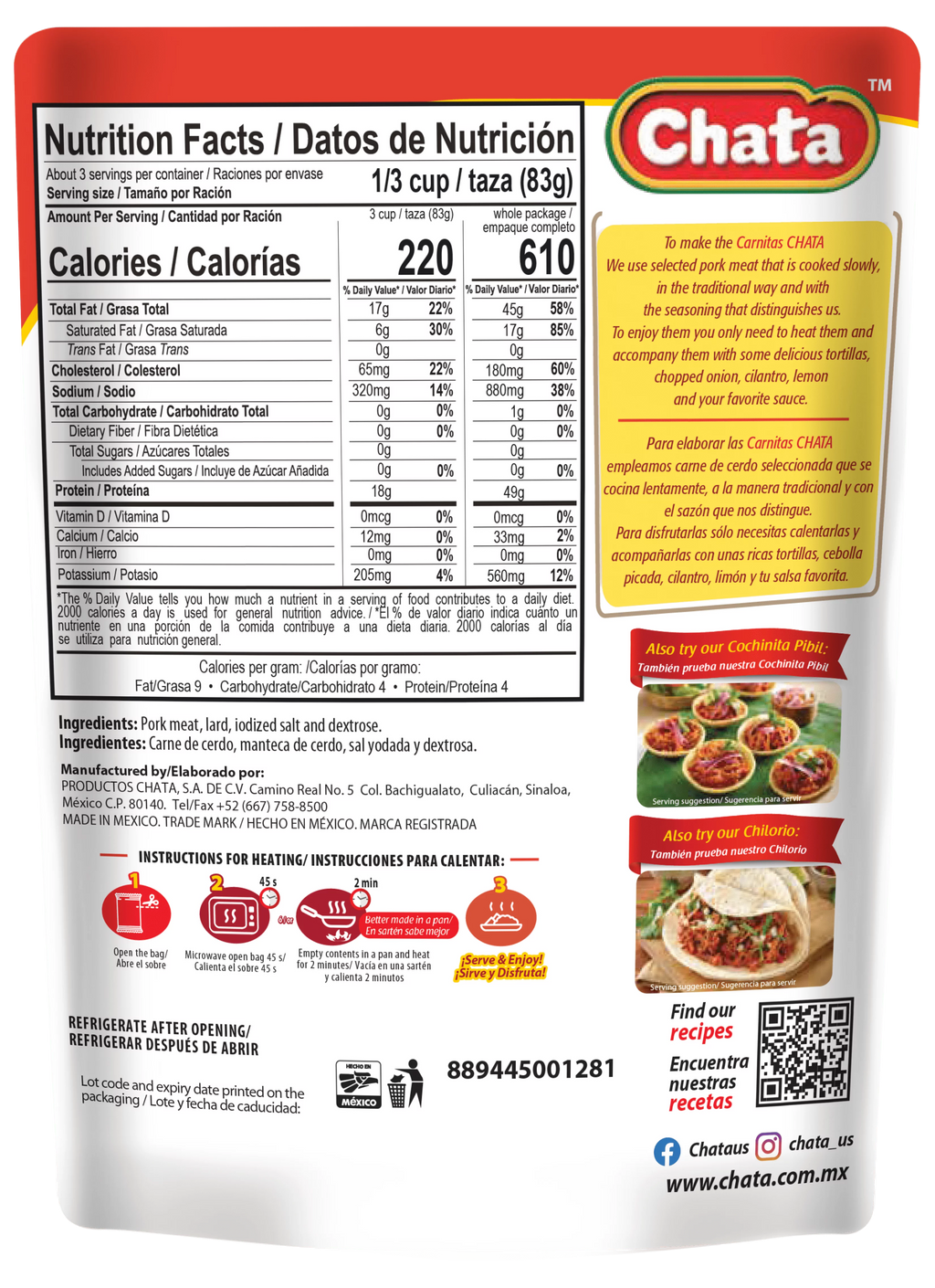 Pork Carnitas Pouch, 8 oz, Pack of 6 I78867