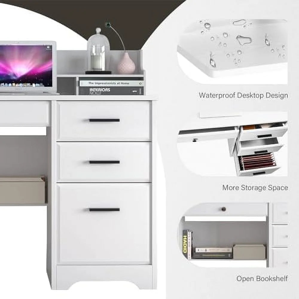 White 44" Wood Desk with 4 Drawers and Hutch O213