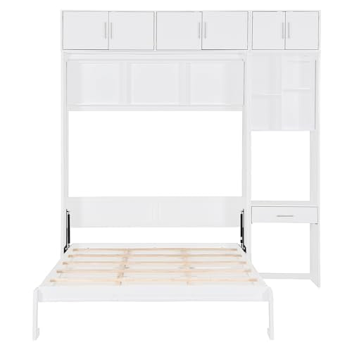 Queen Size Wood Murphy Bed with Desk and Storage Shelves J624