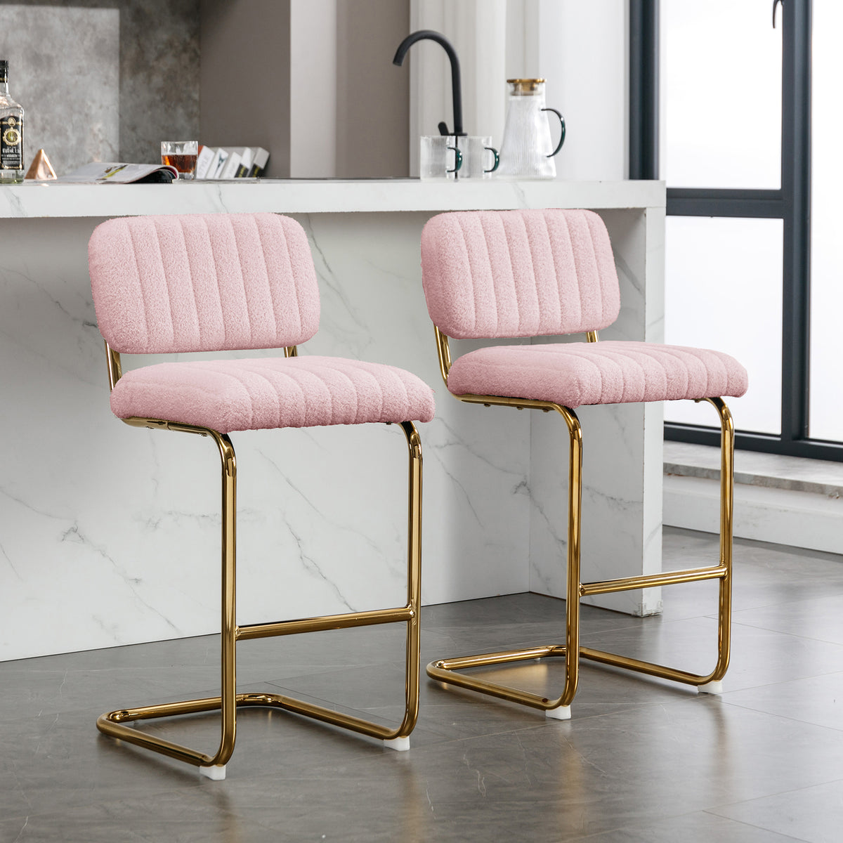 Pink Boucle Fabric Counter Height Bar Stools Set of 2 B26029