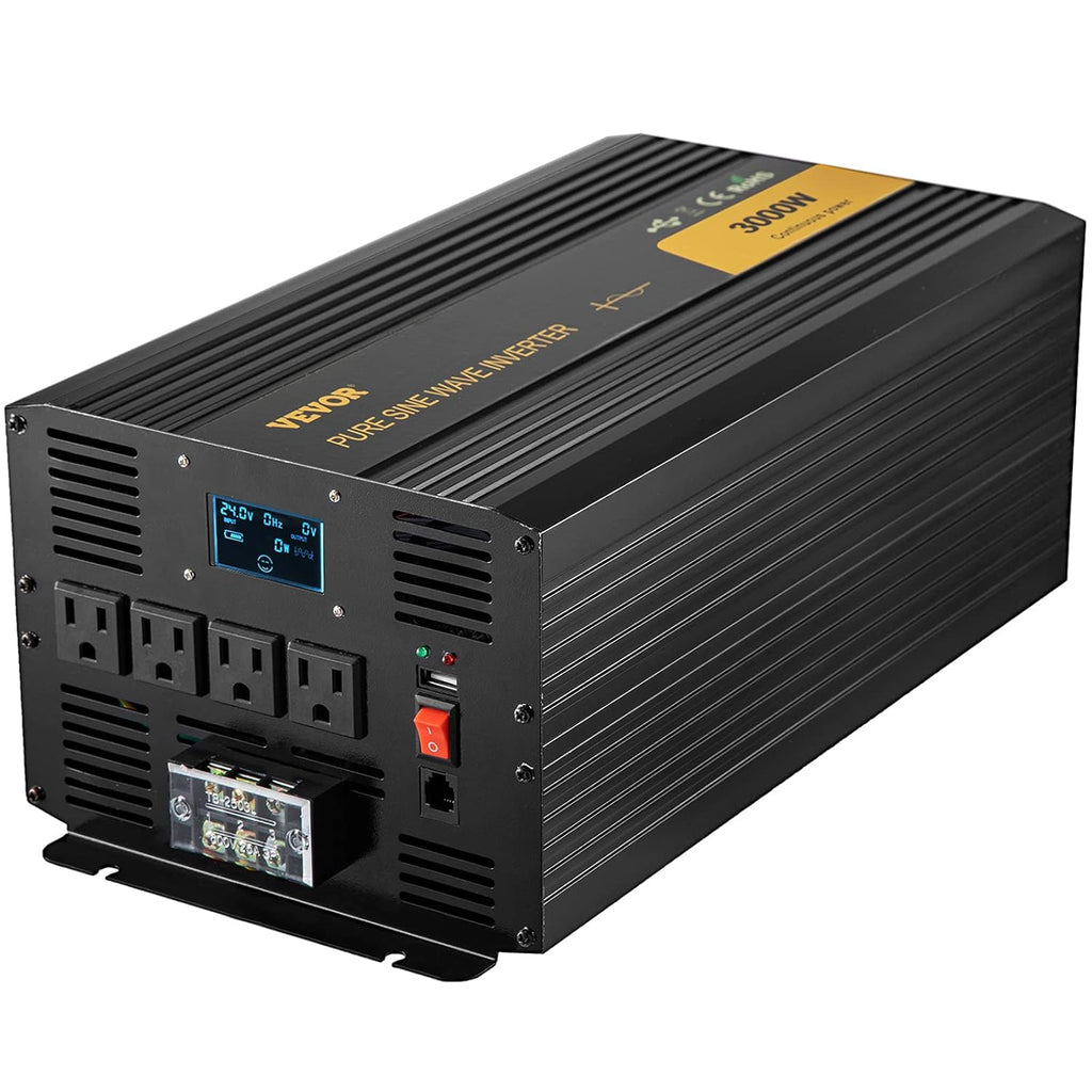Pure Sine Wave Inverter 3000 Watt DC 24V to AC 120V with USB Port LCD Display Remote Controller and AC Outlets B9813