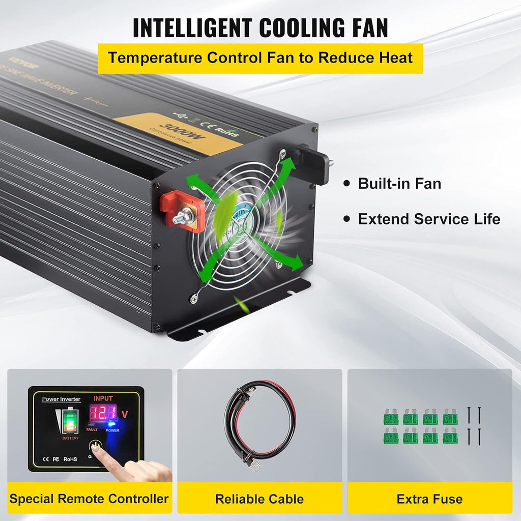 Pure Sine Wave Inverter 3000 Watt DC 24V to AC 120V with USB Port LCD Display Remote Controller and AC Outlets B9813