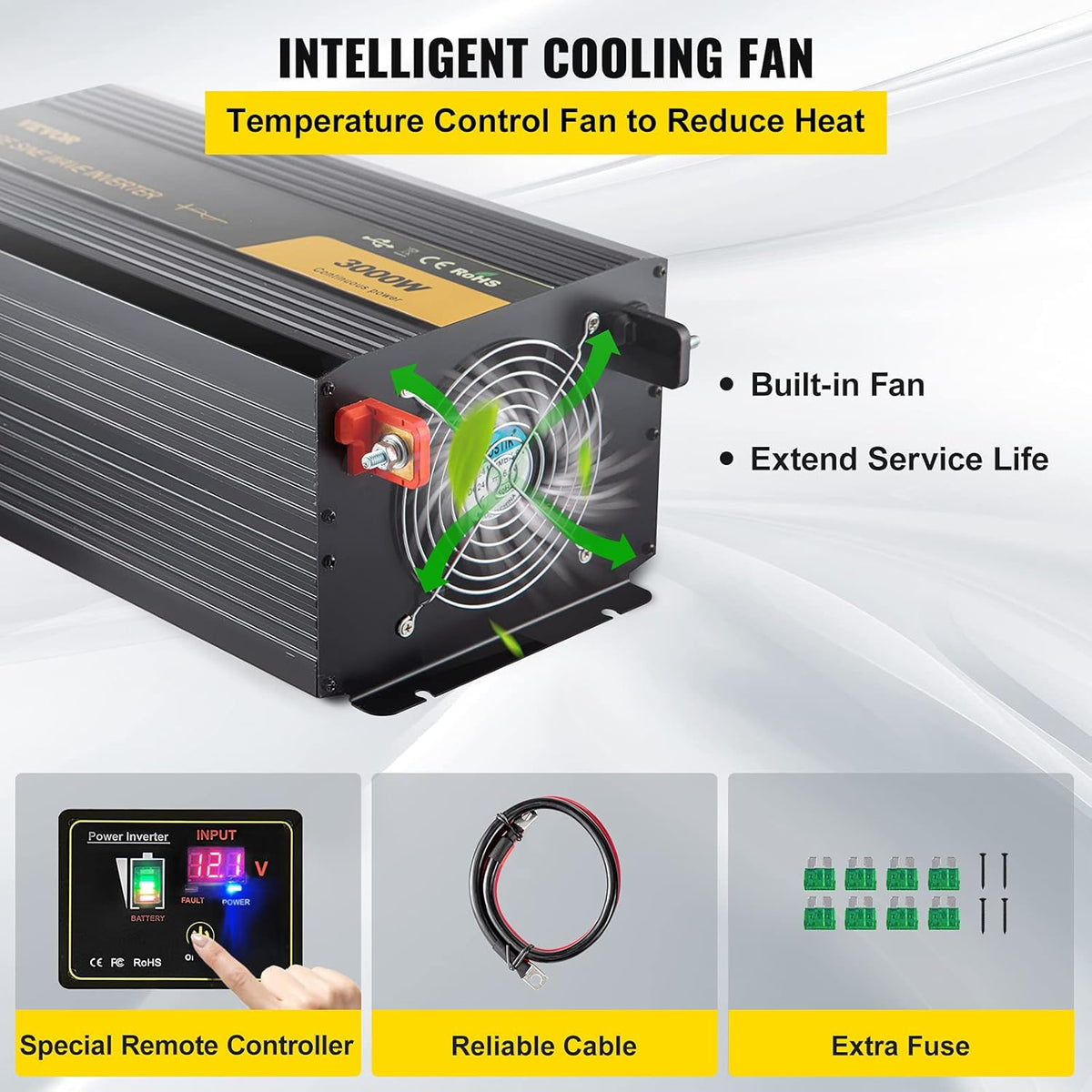 Pure Sine Wave Inverter 3000 Watt DC 24V to AC 120V with USB Port LCD Display Remote Controller and AC Outlets B9813