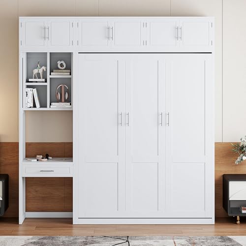 Queen Size Wood Murphy Bed with Desk and Storage Shelves J624