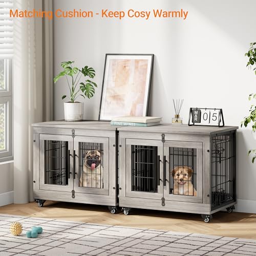 Grey Wooden Dog Crate 32'' with Cushion & Wheels Double Doors Z65063