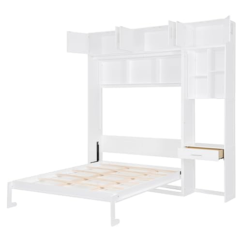 Queen Size Wood Murphy Bed with Desk and Storage Shelves J624