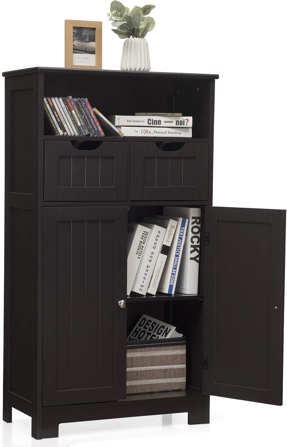 Black Bathroom Floor Cabinet with One Open Shelf Two Doors and Two Adjustable Drawers C362161