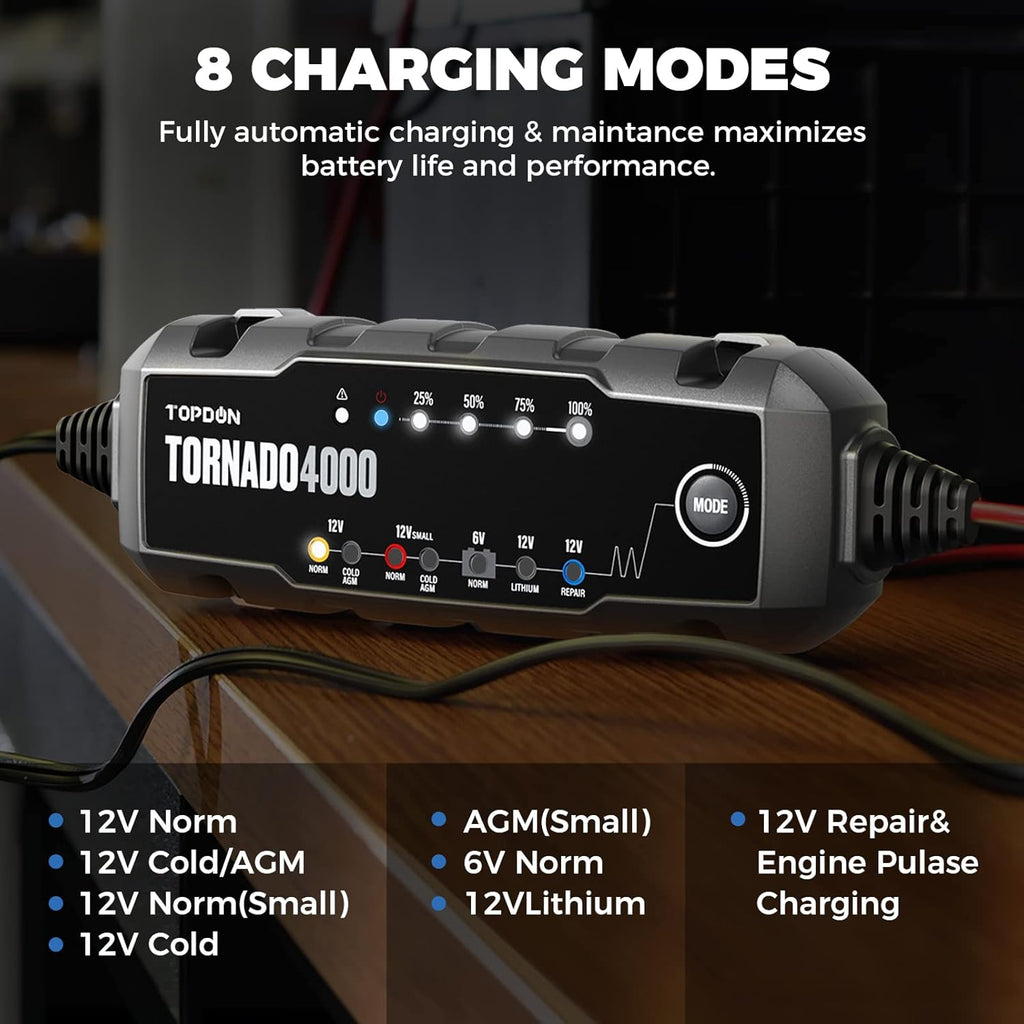 Car Battery Charger 4A/1A 6V/12V for Lead-Acid/Lithium ion Batteries J9503