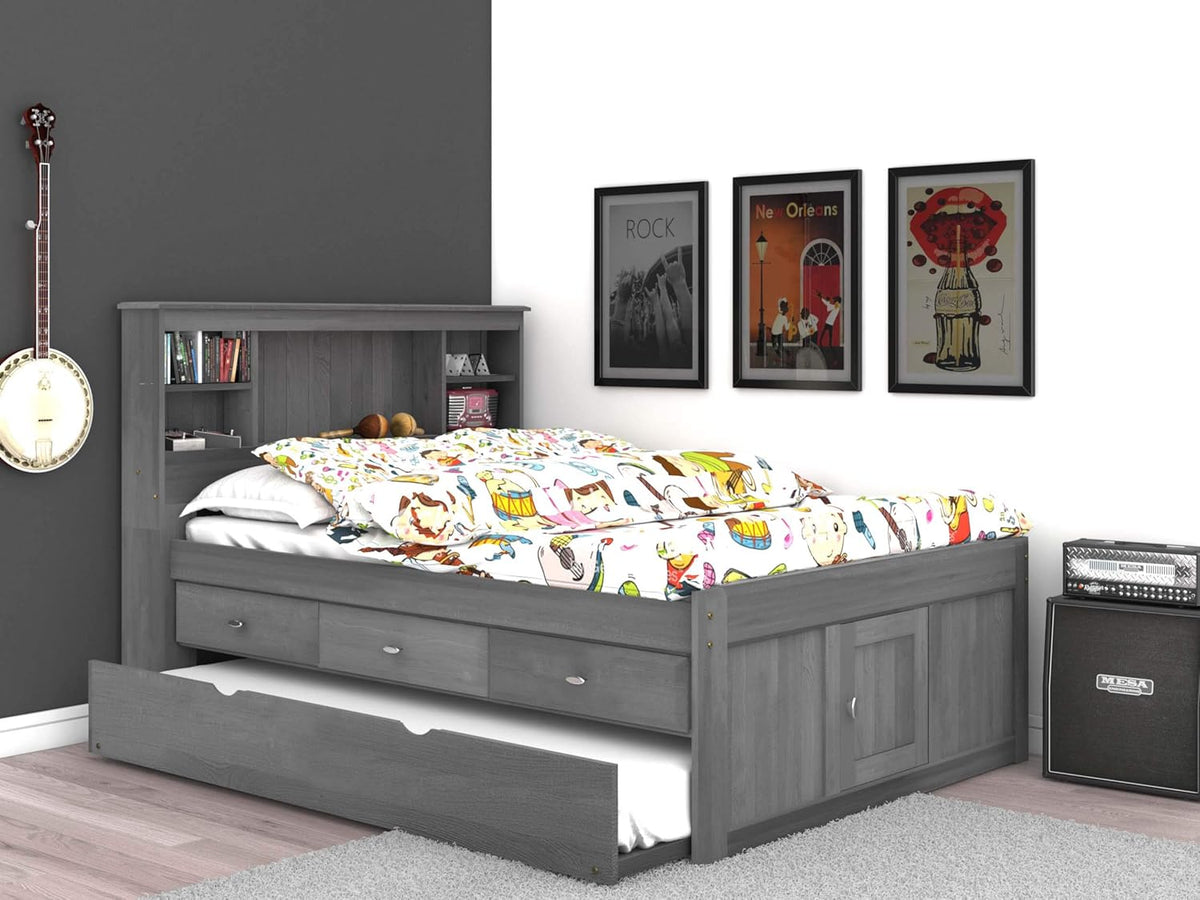 Charcoal Full Bookcase Bed with 3 Drawers and Twin Trundle R78776