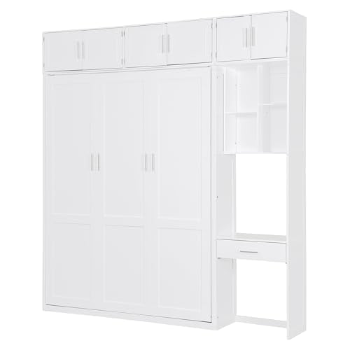 Queen Size Wood Murphy Bed with Desk and Storage Shelves J624