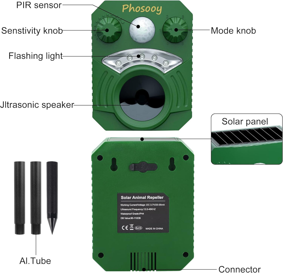 Waterproof Solar Ultrasonic Animal Repeller with Motion Activated LED Flashing Lights B991179