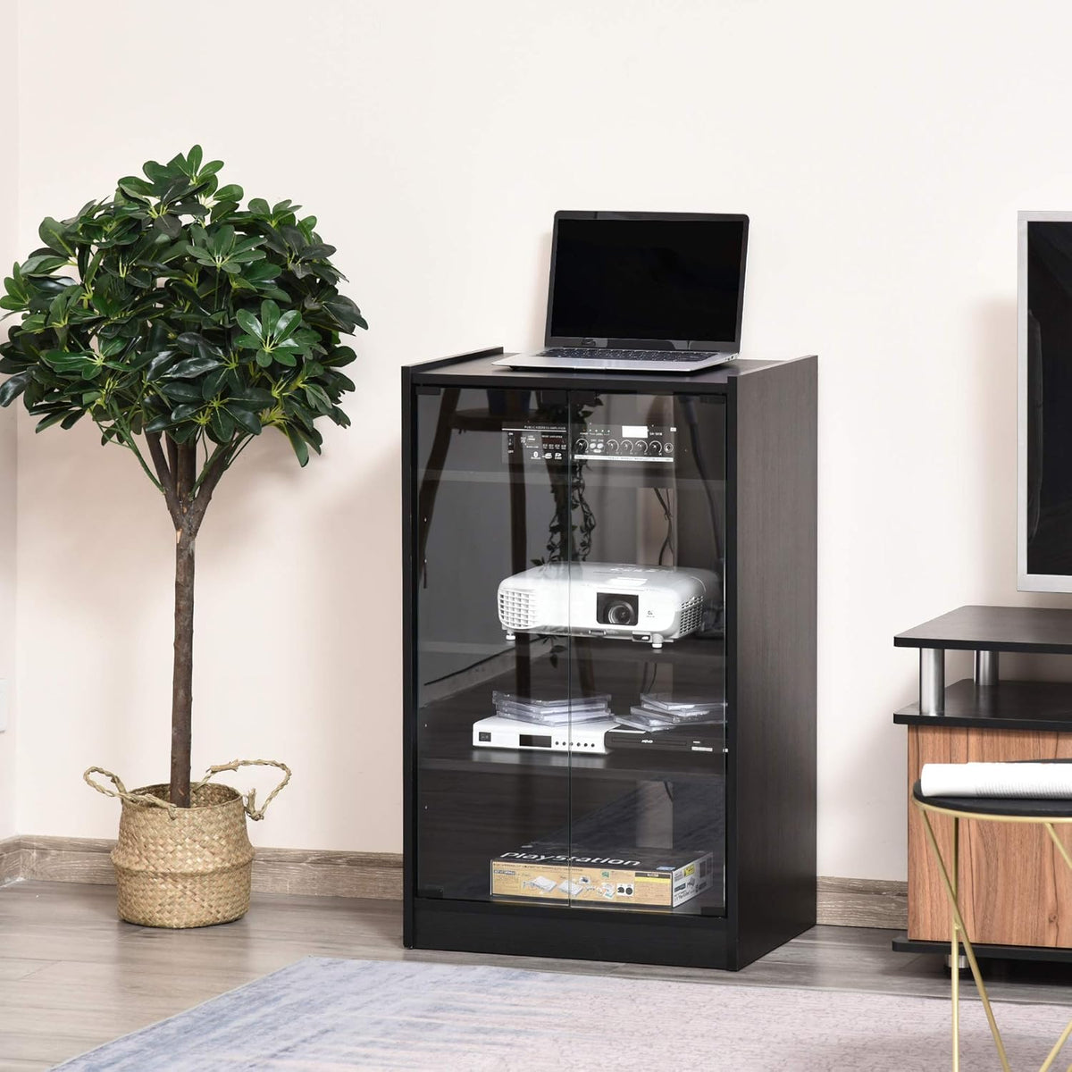 Black 5-Tier Media Stand Cabinet with Tempered Glass Doors K14898