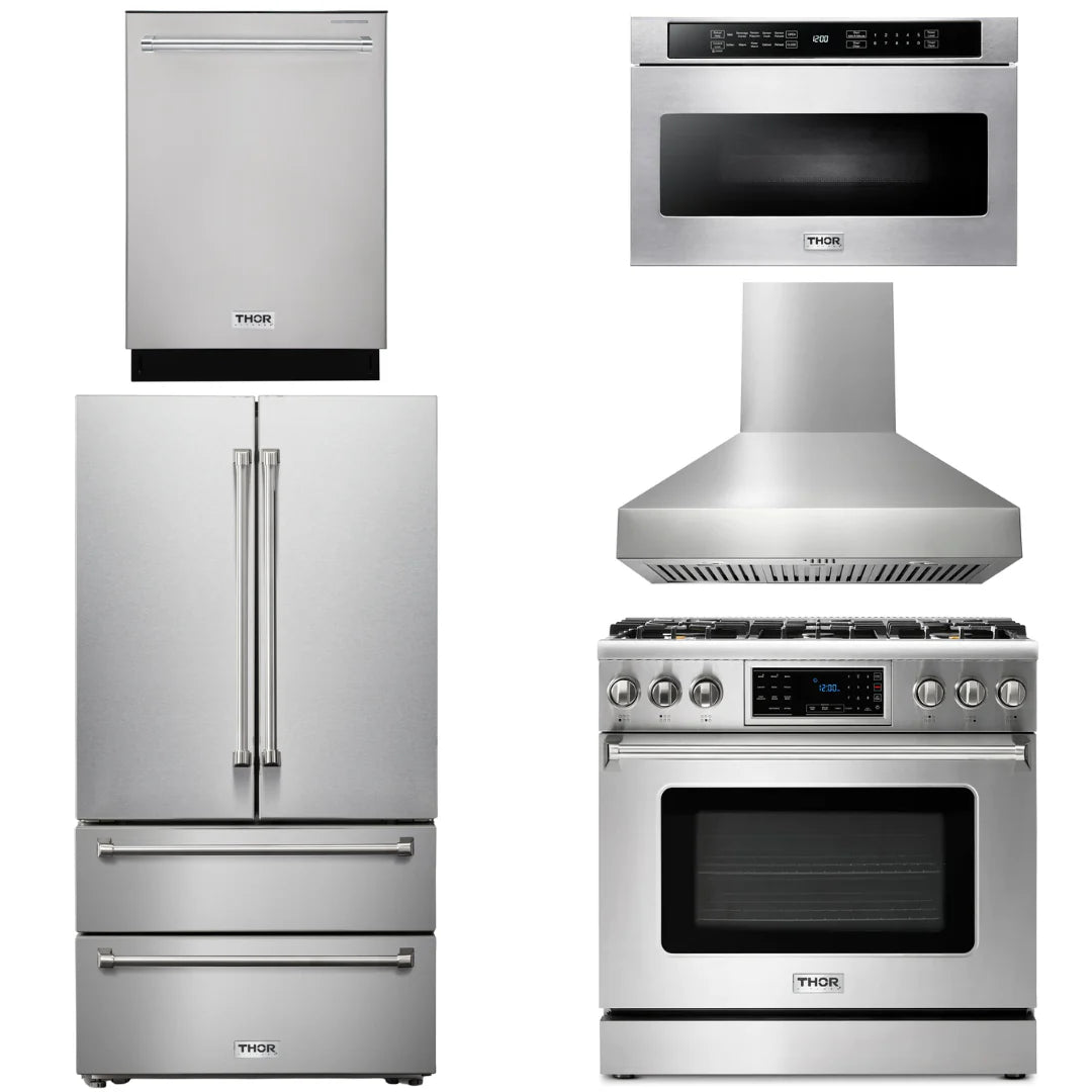 36 Gas Range, Range Hood, Microwave, Refrigerator, Dishwasher W388680