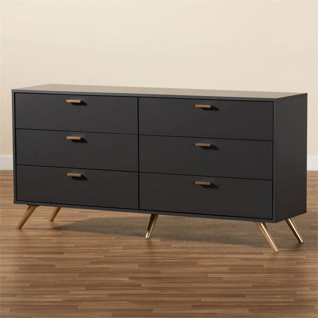 Dark Grey Gold Wood 6-Drawer Dresser S444
