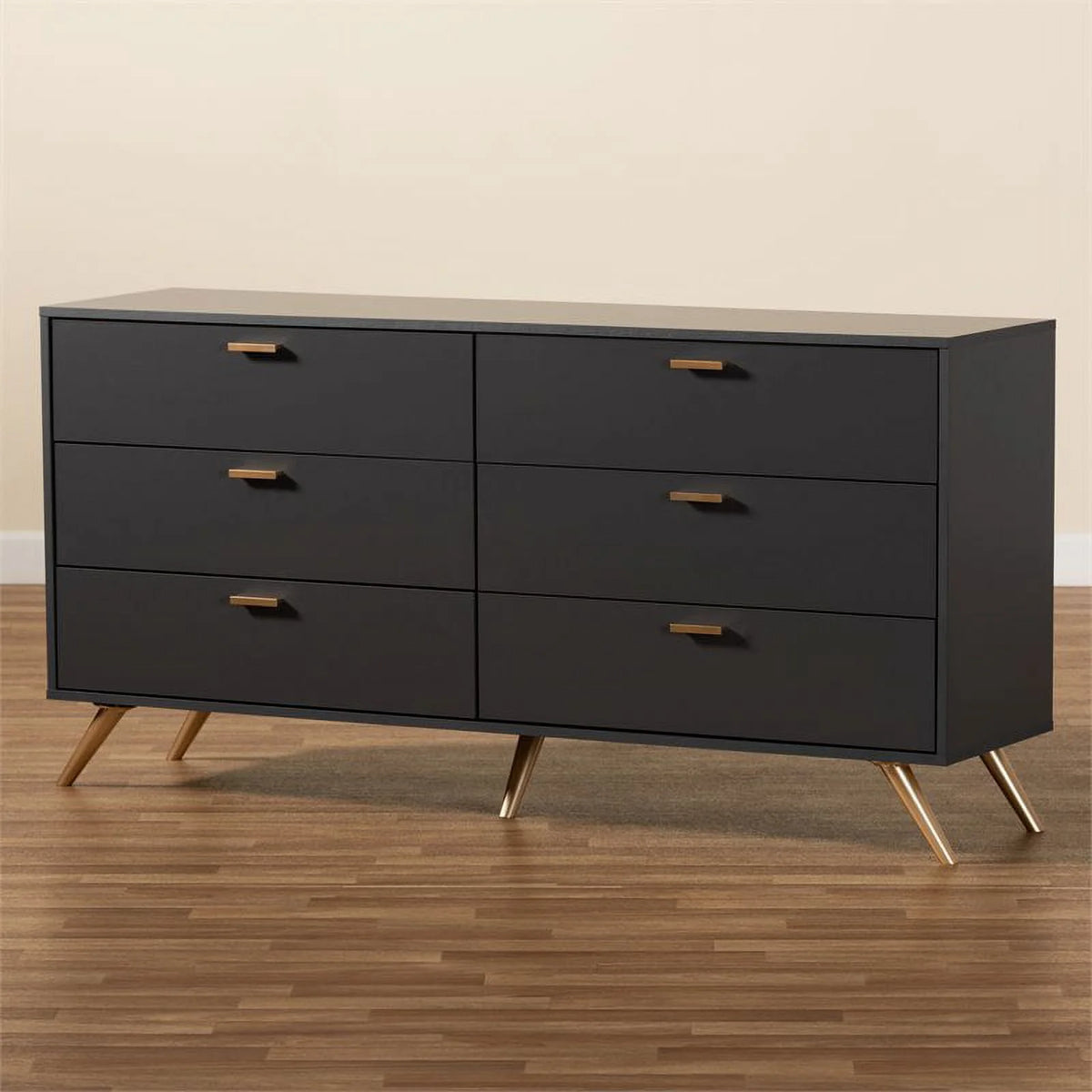 Dark Grey Gold Wood 6-Drawer Dresser S444