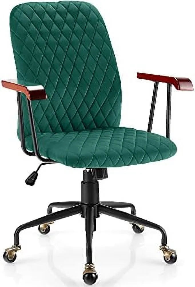 White Velvet Upholstered Office Chair with Rubber Wood Armrests S393