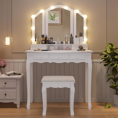 White Vanity Desk with Lighted Mirror and Stool, 5 Drawers O195