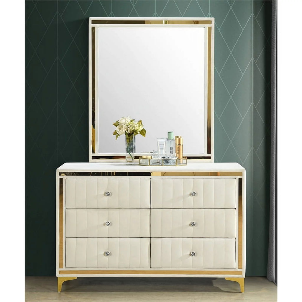 Velvet 6 Drawer Dresser with Mirror and Gold Legs in Cream G47266