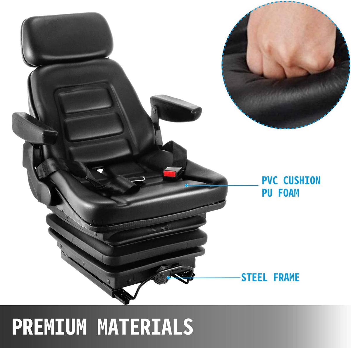 Suspension Seat with Slide Rails, Adjustable Backrest Headrest Armrest, Foldable Heavy Duty P2592