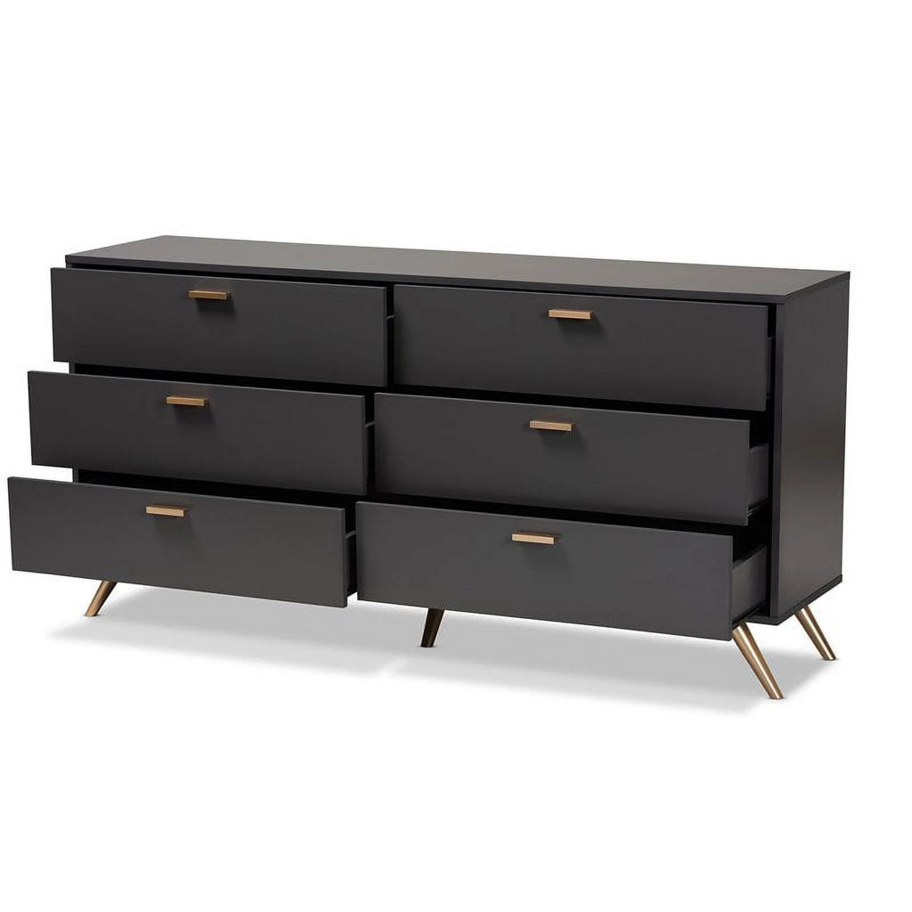 Dark Grey Gold Wood 6-Drawer Dresser S444