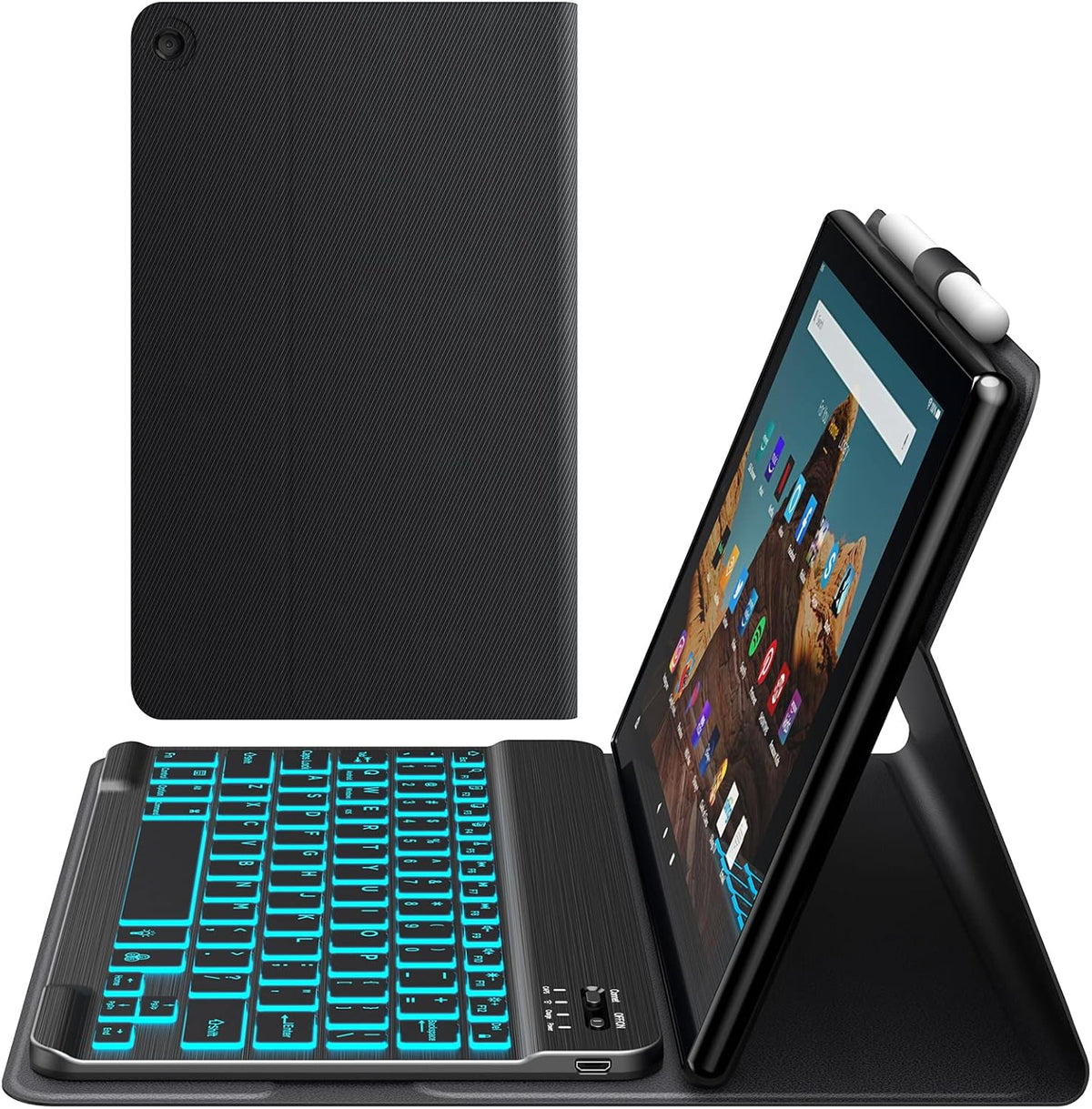 Wireless Detachable Keyboard for Kindle Fire HD 10 10.1" with Leather Folio Cover, Black, Pack of 2 W9333