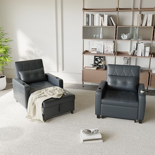 Black Leather Convertible Sofa Chair Bed E6259